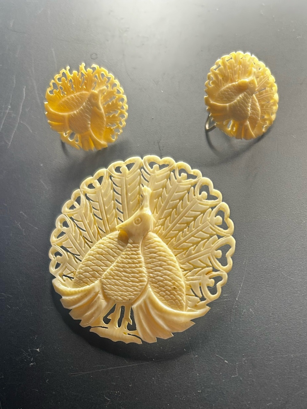 Carved Peacock Brooch and Earrings Set in Cream